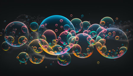 Colorful soap bubbles on a dark background. 3D illustration.の素材
