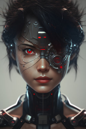 Close-up portrait of a futuristic female robot with red eyes.の素材