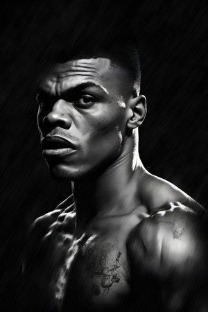 Close up portrait of a black man with muscular body and painted faceの素材