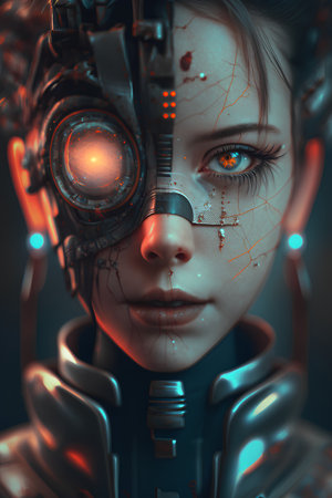 Close up portrait of a beautiful female robot. Futuristic concept.の素材