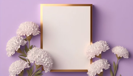 Mockup frame with white flowers on purple background. 3d renderの素材