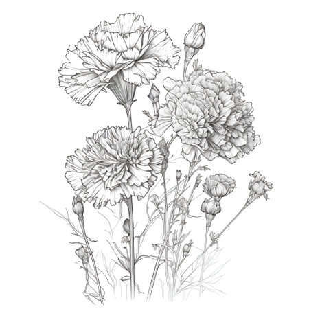 Carnation flowers. Black and white vector illustration. Hand drawn sketch.の素材