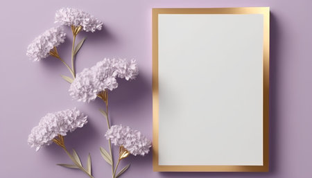 Lilac flowers with golden frame on violet background. 3d renderの素材