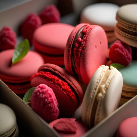 Macaroons in a box with raspberries, selective focusの素材