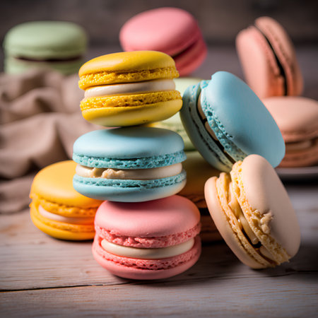 Colorful macaroons on wooden background. Selective focus. Toned.の素材