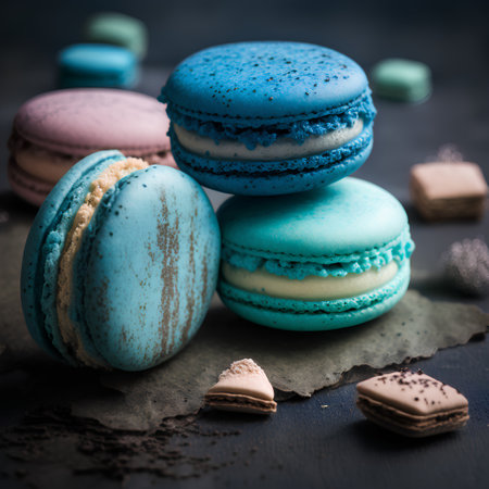 Colorful macaroons on black wooden background. Toned.の素材