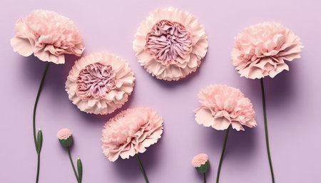 Beautiful pink carnation flowers on violet background. Flat lay, top viewの素材