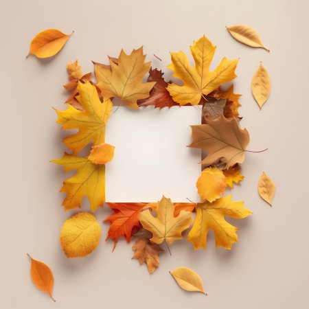 Autumn leaves frame with space for text. Flat lay, top viewの素材