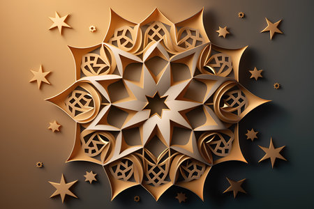 3d illustration. Abstract background with 3d golden ornament and starsの素材