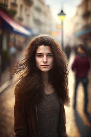 Portrait of a beautiful young woman with flying hair in the cityの素材