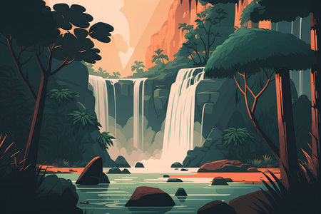 Waterfall in the jungle. Vector illustration in flat cartoon style.の素材