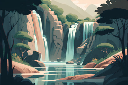 Waterfall in the jungle. Vector illustration in flat cartoon style.の素材