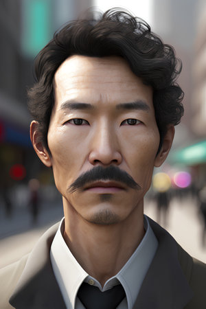 portrait of asian businessman with mustache on his face in the cityの素材