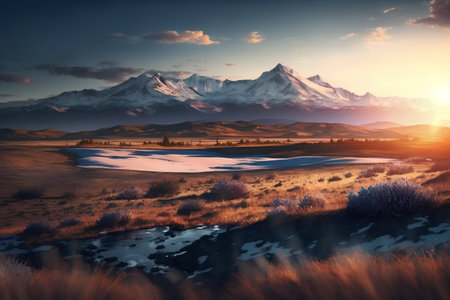Landscape with snowy mountains and meadow at sunset. Digital paintingの素材