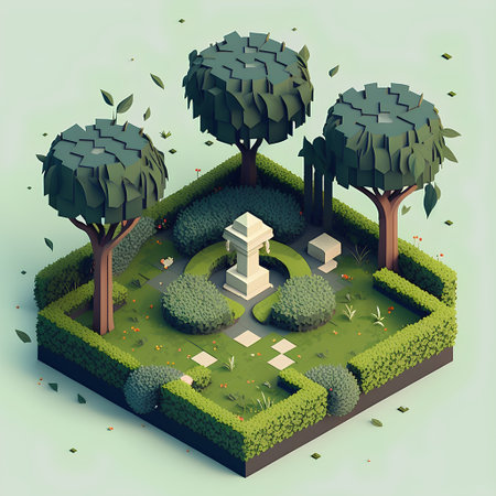 Isometric garden with bushes and trees, 3d vector illustration.の素材