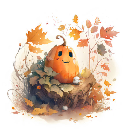 Watercolor illustration of a pumpkin with a smile in the autumn forestの素材