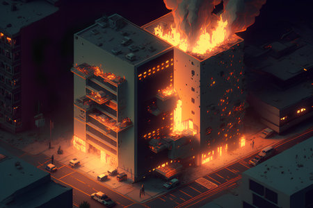 Aerial view of burning buildings in the city at night. 3D renderingの素材