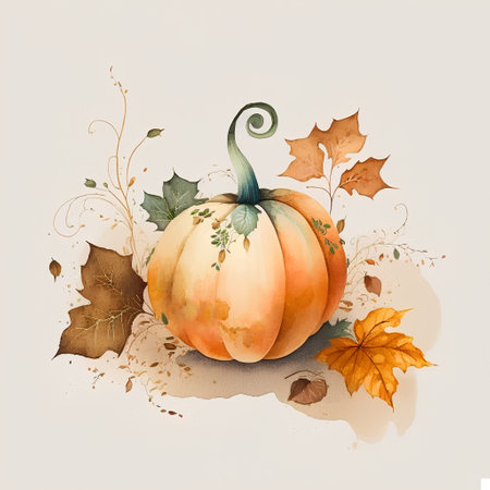 Pumpkin with autumn leaves on a watercolor background. Hand drawn illustrationの素材