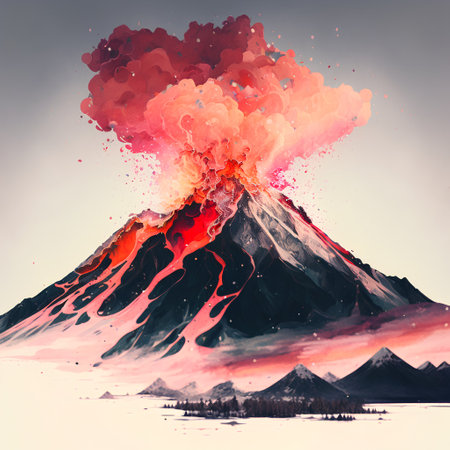 3d illustration of volcano eruption with red smoke and ash on topの素材