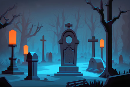 Halloween graveyard with tombstones and gravestones. Vector illustration.の素材