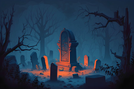 Halloween graveyard with tombstone. Vector illustration in cartoon style.の素材