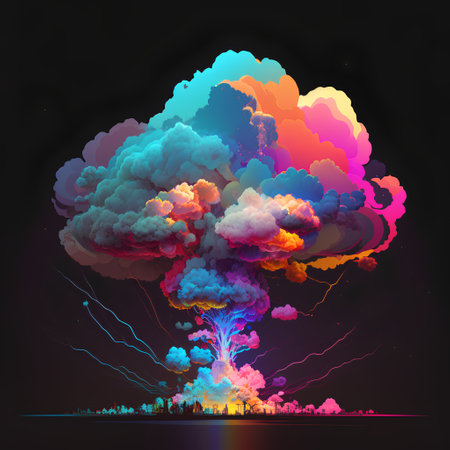 Big explosion of colorful smoke on dark background. 3D illustration.の素材