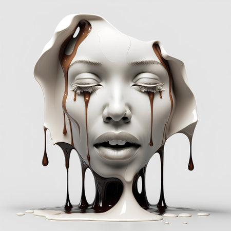 3d illustration of a female face in chocolate dripping over a white backgroundの素材