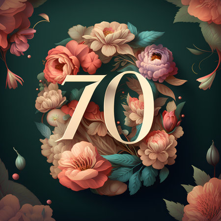 70 Years Anniversary Celebration with Floral Wreath on Dark Background. Vector Illustrationの素材