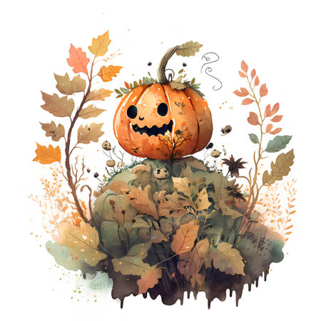 Hand drawn watercolor illustration of Halloween pumpkin with autumn leaves and branchesの素材