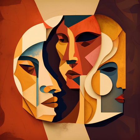 Contemporary art collage. Abstract face of woman combined with geometric shapesの素材