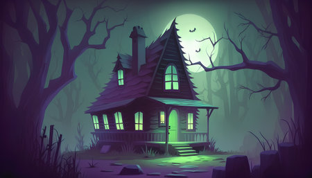 Halloween background with spooky house in the forest, vector illustrationの素材