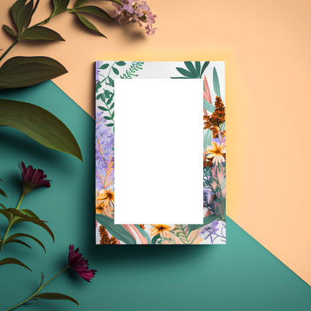 Flowers composition. Frame made of flowers on colorful background. Flat lay, top view, copy spaceの素材
