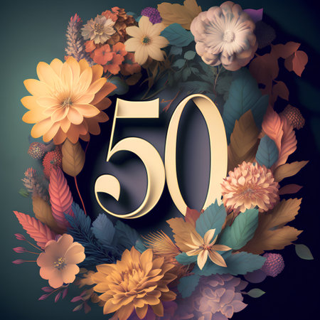 Number 50 with autumn flowers and leaves on dark background. 3d illustrationの素材