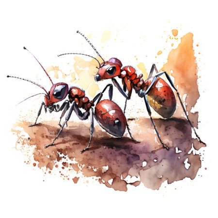 Watercolor ants on watercolor background. Hand drawn vector illustration.の素材
