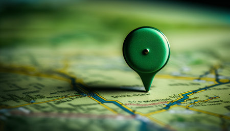 Green pin on a map of the city. Shallow depth of fieldの素材