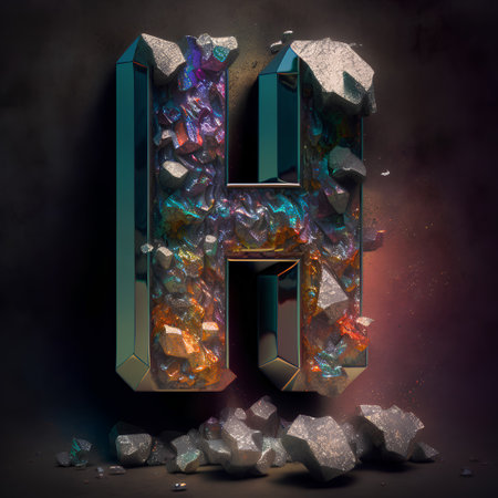 Broken letter H in low poly style. Crushed metal font. 3d renderingの素材