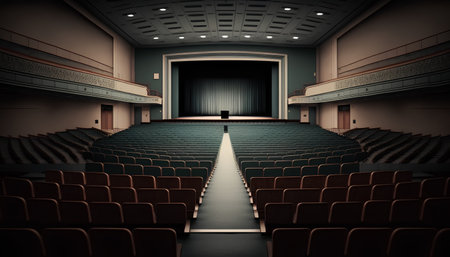 Empty cinema auditorium with seats and lighting in the evening, renderingの素材