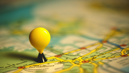 Yellow pin on the map. Shallow depth of field. Selective focus.の素材