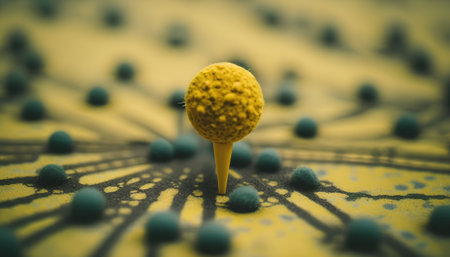 Yellow golf ball on the background of a dartboard. Selective focus. Toned.の素材