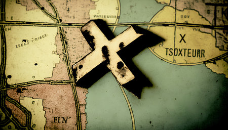Cross on the map. Travel concept. Selective focus. Toned.の素材