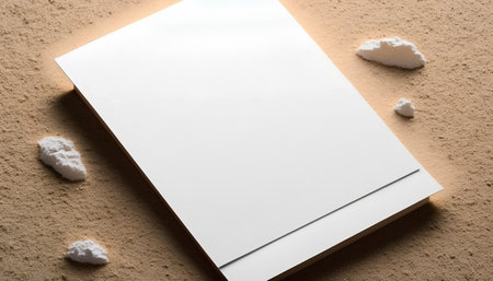 Blank paper on sand background. Mockup for branding identity.の素材