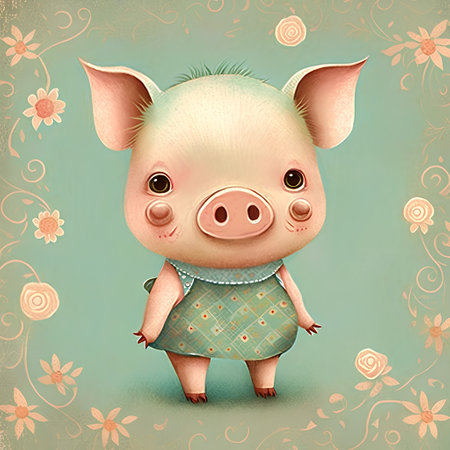 Cute pig in a dress on a background of floral pattern.の素材