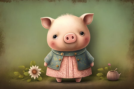 Cute pig in vintage dress with flowers and pot on grunge backgroundの素材