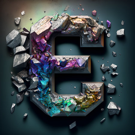 Metal letter E uppercase surrounded by crystals. 3d renderingの素材