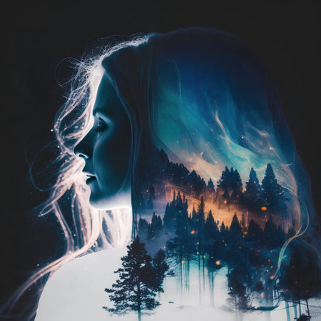 Silhouette of a beautiful woman in winter forest. Photo double exposureの素材