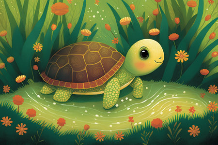 cartoon scene with little turtle in the meadow - illustration for childrenの素材