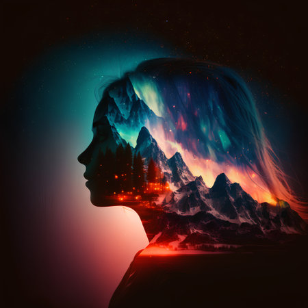 Silhouette of a woman's head against the background of mountains.の素材