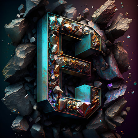 Futuristic font. Letter E made of precious stones. 3D renderingの素材