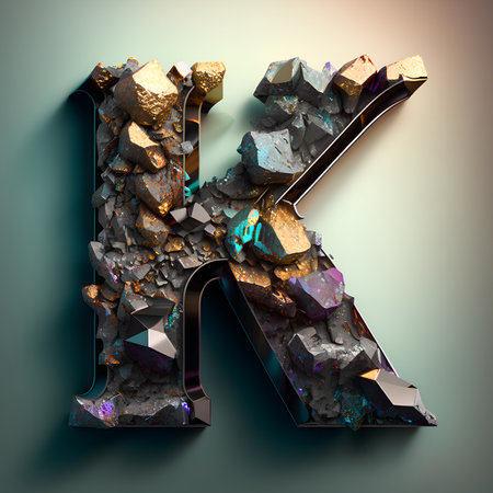 Metal letter K uppercase. Crushed stone font with gemstones. 3D renderingの素材