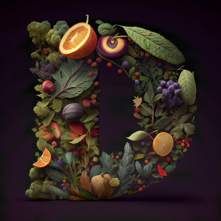 Letter D made of fresh fruits and vegetables, healthy nutrition letteringの素材